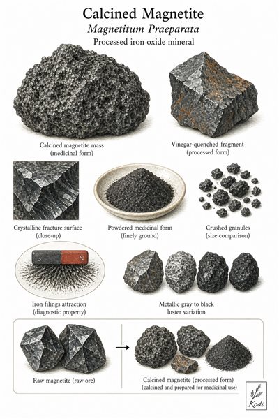 Scientific specimen plate of Calcined Magnetite, Magnetitum Praeparata, showing processed magnetite fragments, powder, and diagnostic mineral details.