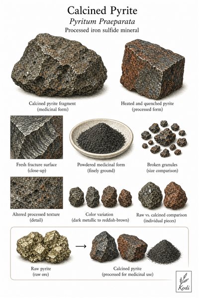 Scientific specimen plate of Calcined Pyrite, Pyritum Praeparata, showing calcined fragments, powder, and diagnostic mineral details.