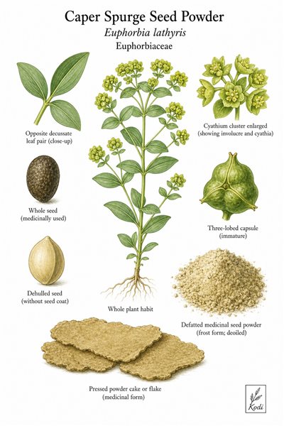 Botanical illustration of Caper Spurge Seed Powder, Euphorbia lathyris, showing habit, leaves, capsule, seeds, processed seed powder, and diagnostic plant details.