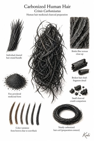 Scientific specimen plate of Carbonized Human Hair, Crinis Carbonisatus, showing charred hair bundles, powder, brittle fiber detail, and diagnostic material details.