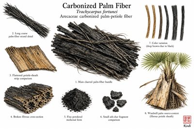 Scientific specimen plate of Carbonized Palm Fiber, Trachycarpus fortunei, showing charred palm-fiber bundles, petiole-sheath texture, powder, and diagnostic material details.