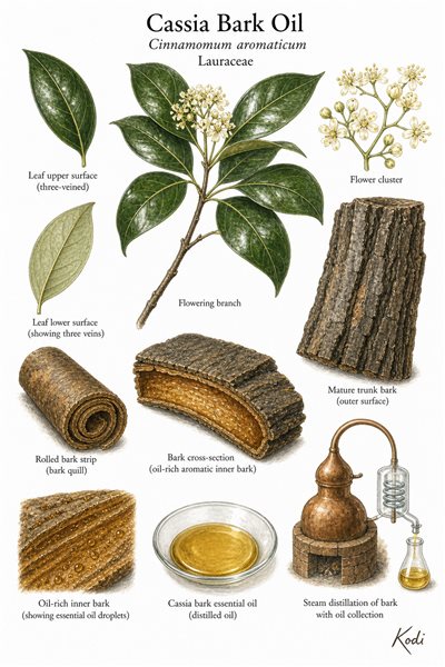 Botanical illustration of Cassia Bark Oil, Cinnamomum aromaticum, showing branch, leaves, bark, oil-rich inner bark, distilled oil, and diagnostic plant details.