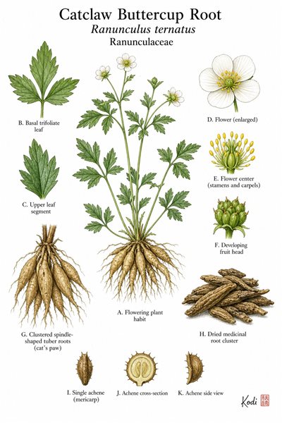 Botanical illustration of Catclaw Buttercup Root, Ranunculus ternatus, showing flowering habit, trifoliate leaves, white flowers, clustered spindle tubers, and diagnostic plant details.