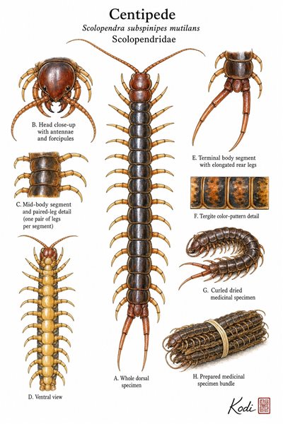 Scientific specimen plate of Centipede, Scolopendra subspinipes mutilans, showing whole specimen form, head, segments, legs, dried medicinal form, and diagnostic material details.