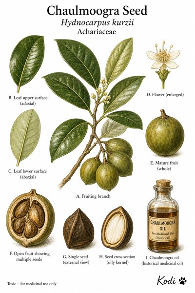 Botanical illustration of Chaulmoogra Seed, Hydnocarpus kurzii, showing branch, leaves, fruit, seeds, oil-rich kernel, and diagnostic plant details.