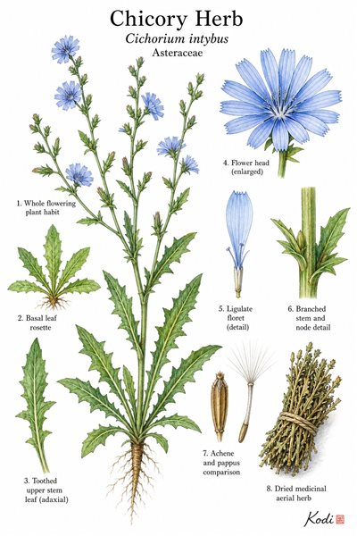 Botanical illustration of Chicory Herb, Cichorium intybus, showing whole habit, leaves, blue flower heads, seeds, and diagnostic plant details.