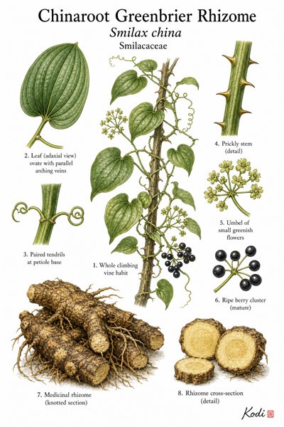 Botanical illustration of Chinaroot Greenbrier Rhizome, Smilax china, showing climbing habit, leaves, tendrils, berries, rhizome, and diagnostic plant details.