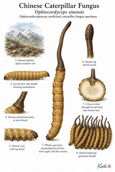 Scientific fungus specimen plate of Chinese Caterpillar Fungus, Ophiocordyceps sinensis, showing larval host body, club-like stroma, dried specimens, and diagnostic fungus-animal details.
