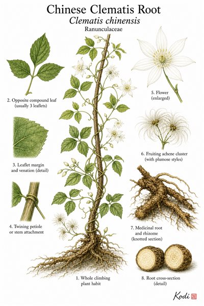 Botanical illustration of Chinese Clematis Root, Clematis chinensis, showing climbing habit, leaves, flower, fruiting head, root, and diagnostic plant details.