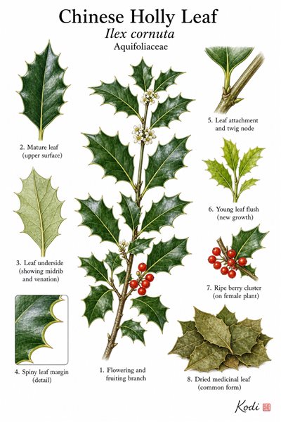 Botanical illustration of Chinese Holly Leaf, Ilex cornuta, showing woody branch habit, spiny leaves, berries, dried leaf, and diagnostic plant details.
