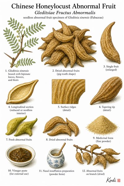 Scientific specimen plate of Chinese Honeylocust Abnormal Fruit, Gleditsiae Fructus Abnormalis, showing abnormal pods, source branch, powder, and diagnostic specimen details.