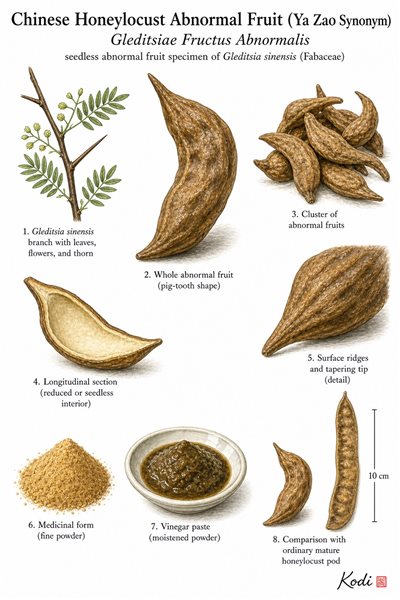 Scientific specimen plate of Chinese Honeylocust Abnormal Fruit, Gleditsiae Fructus Abnormalis, showing compact seedless abnormal pods, powder, paste, and diagnostic specimen details.