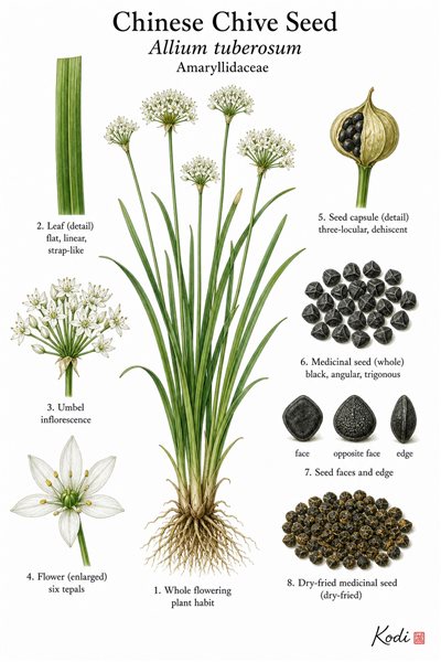Botanical illustration of Chinese Chive Seed, Allium tuberosum, showing whole plant, flat leaves, white flowers, black seeds, and diagnostic plant details.