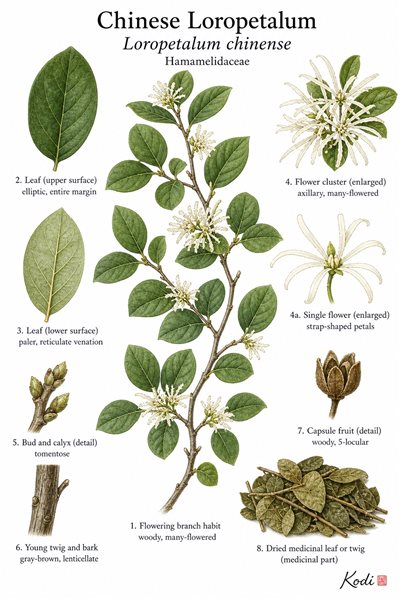 Botanical illustration of Chinese Loropetalum, Loropetalum chinense, showing flowering branch, leaves, pale ribbon-petaled flowers, and diagnostic plant details.