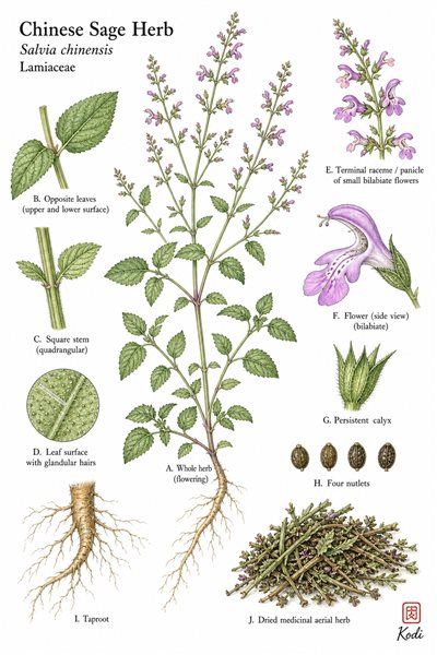 Botanical illustration of Chinese Sage Herb, Salvia chinensis, showing branching habit, opposite leaves, small bilabiate flowers, nutlets, and diagnostic plant details.