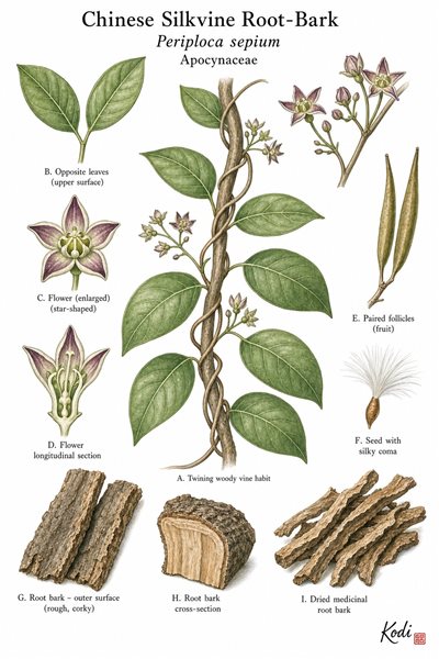 Botanical illustration of Chinese Silkvine Root-Bark, Periploca sepium, showing twining vine habit, opposite leaves, starry flowers, follicles, root bark, and diagnostic plant details.