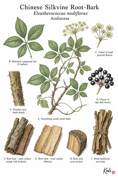 Botanical illustration of Chinese Silkvine Root-Bark, Eleutherococcus nodiflorus, showing scrambling shrub habit, palmate leaves, berries, root bark, and diagnostic plant details.