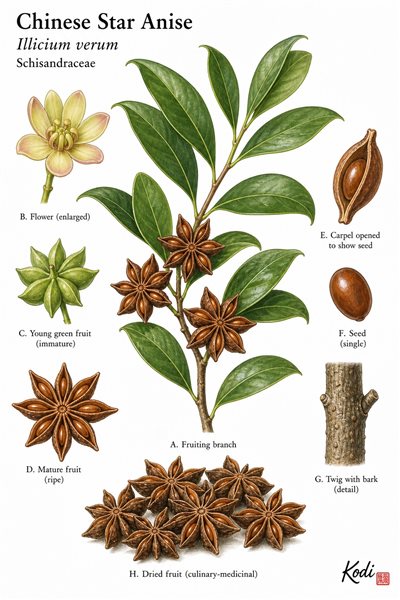 Botanical illustration of Chinese Star Anise, Illicium verum, showing fruiting branch, flower, star-shaped fruits, seed, and diagnostic plant details.