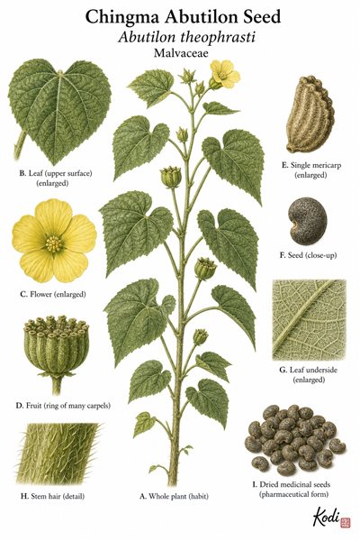 Botanical illustration of Chingma Abutilon Seed, Abutilon theophrasti, showing velvetleaf habit, flowers, capsule, seeds, and diagnostic plant details.
