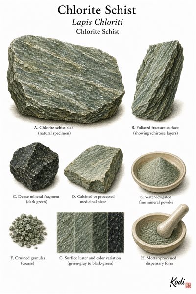 Scientific specimen plate of Chlorite Schist, Lapis Chloriti, showing foliated mineral pieces, processed form, powder, and diagnostic material details.