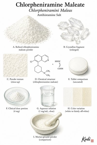 Scientific specimen plate of Chlorpheniramine Maleate, Chlorpheniramini Maleas, showing refined powder, crystalline fragments, tablet comparison, and diagnostic pharmaceutical compound details.