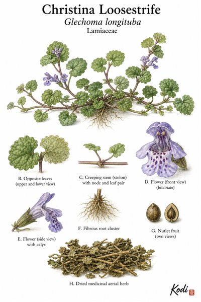 Botanical illustration of Christina Loosestrife, Glechoma longituba, showing creeping habit, opposite scalloped leaves, purple flowers, dried herb, and diagnostic plant details.