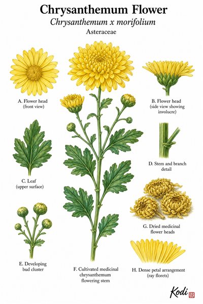Botanical illustration of Chrysanthemum Flower, Chrysanthemum x morifolium, showing cultivated yellow flower heads, leaves, dried flowers, and diagnostic plant details.