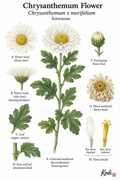 Botanical illustration of Chrysanthemum Flower, Chrysanthemum x morifolium, showing cultivated white flower heads, leaves, dried flower, and diagnostic plant details.
