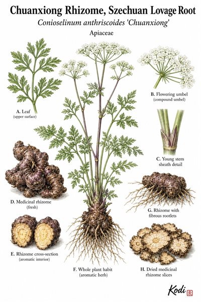 Botanical illustration of Chuanxiong Rhizome, Szechuan Lovage Root, Conioselinum anthriscoides 'Chuanxiong', showing whole habit, umbels, rhizome, slices, and diagnostic plant details.