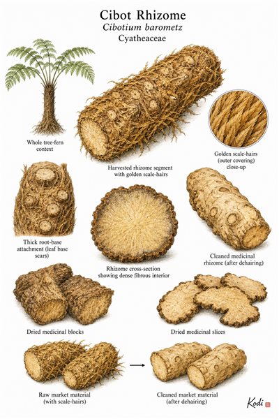 Botanical illustration of Cibot Rhizome, Cibotium barometz, showing golden-haired rhizome material, cleaned core, market slices, and diagnostic source-fern details.