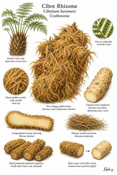 Botanical illustration of Cibot Rhizome, Cibotium barometz, showing shaggy golden-hairy rhizome, cleaned inner core, prepared segments, and diagnostic source-fern details.