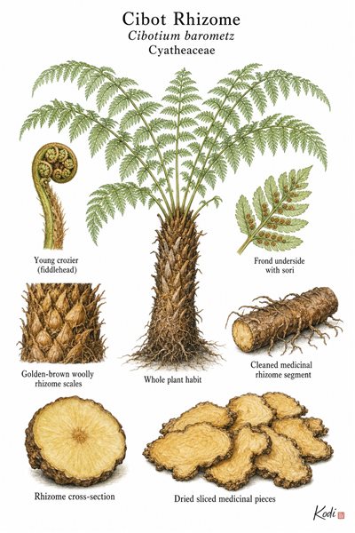 Botanical illustration of Cibot Rhizome, Cibotium barometz, showing whole tree fern habit, hairy rhizome, sori, medicinal slices, and diagnostic plant details.