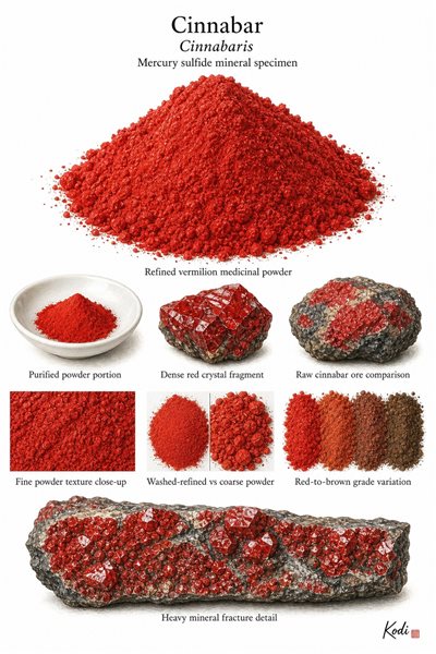 Scientific specimen plate of Cinnabar, Cinnabaris, showing refined vermilion powder, crystal fragments, raw ore comparison, and diagnostic mineral details.