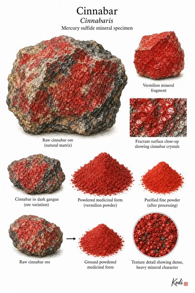 Scientific specimen plate of Cinnabar, Cinnabaris, showing raw ore, vermilion fragments, powder, and diagnostic mineral details.