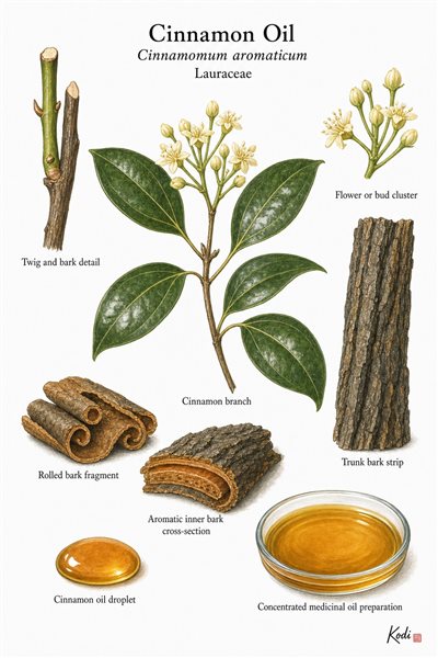 Botanical illustration of Cinnamon Oil, Cinnamomum aromaticum, showing branch, leaves, bark, aromatic inner bark, concentrated oil, and diagnostic plant details.