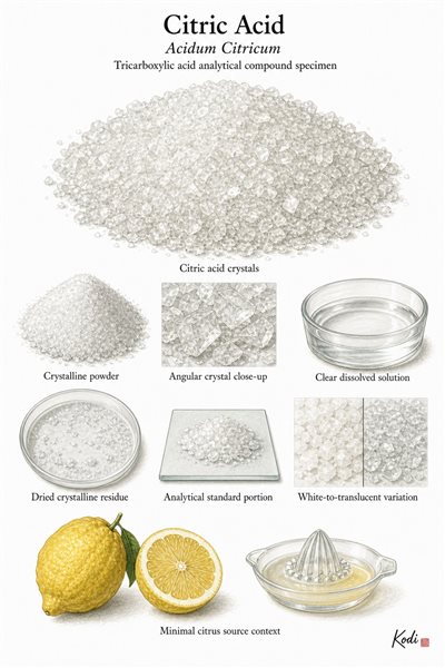 Scientific specimen plate of Citric Acid, Acidum Citricum, showing crystals, powder, solution, and diagnostic analytical compound details.