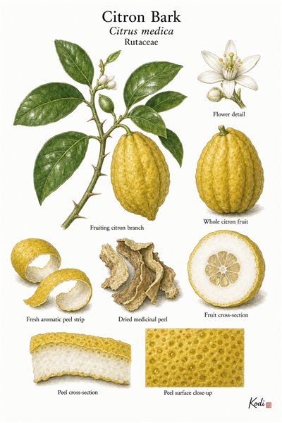 Botanical illustration of Citron Bark, Citrus medica, showing branch, leaves, flowers, thick-rinded fruit, medicinal peel, and diagnostic plant details.