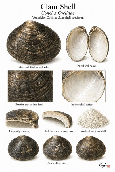 Scientific specimen plate of Clam Shell, Concha Cyclinae, showing dark Cyclina shell valves, inner surface, hinge, medicinal shell powder, and diagnostic shell details.