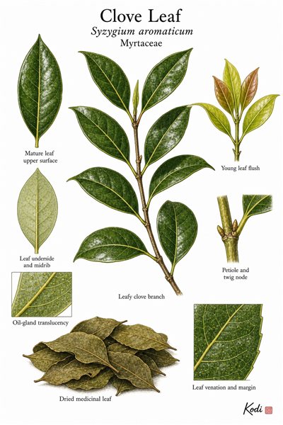 Botanical illustration of Clove Leaf, Syzygium aromaticum, showing leafy branch, leaf surfaces, oil-gland details, dried leaf material, and diagnostic plant details.