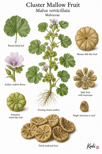Botanical illustration of Cluster Mallow Fruit, Malva verticillata, showing fruiting habit, leaves, flowers, wheel-like fruits, seeds, and diagnostic plant details.