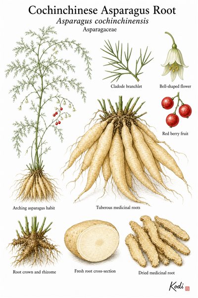 Botanical illustration of Cochinchinese Asparagus Root, Asparagus cochinchinensis, showing asparagus habit, cladodes, flowers, berries, tuberous medicinal roots, and diagnostic plant details.