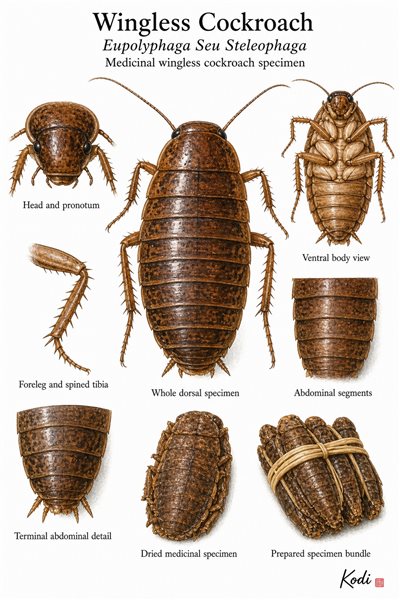 Scientific specimen plate of Wingless Cockroach, Eupolyphaga Seu Steleophaga, showing whole specimen form, head, ventral view, legs, dried medicinal form, and diagnostic insect details.