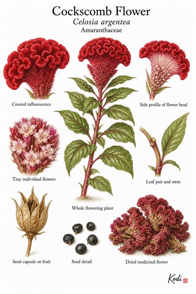 Botanical illustration of Cockscomb Flower, Celosia argentea, showing flowering habit, crested inflorescence, flowers, seed structures, dried flower, and diagnostic plant details.