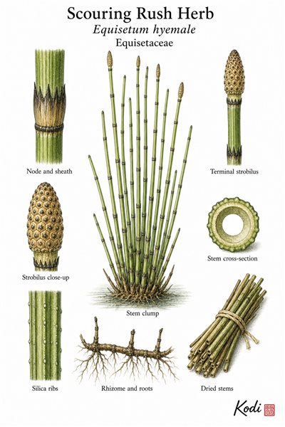 Botanical illustration of Scouring Rush Herb, Equisetum hyemale, showing jointed stems, strobili, rhizome, and diagnostic plant details.