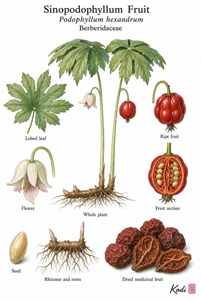 Botanical illustration of Sinopodophyllum Fruit, Podophyllum hexandrum, showing habit, leaves, flower, ripe fruit, seed, rhizome, and diagnostic plant details.