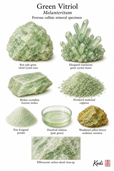 Scientific specimen plate of Green Vitriol, Melanteritum, showing raw crystals, powder, weathered variation, and diagnostic mineral details.