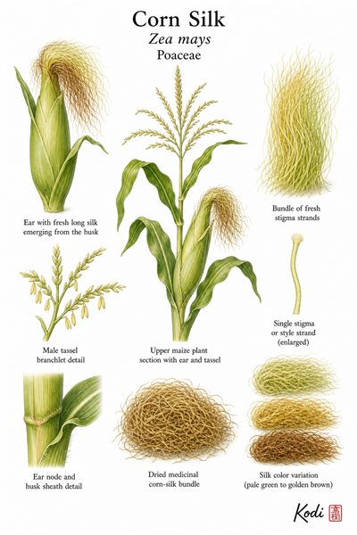 Botanical illustration of Corn Silk, Zea mays, showing maize ear with silks, tassel, stigma strands, dried silk, and diagnostic plant details.