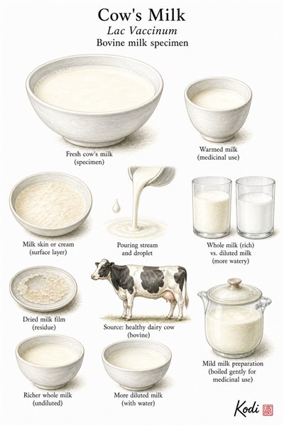 Scientific specimen plate of Cow's Milk, Lac Vaccinum, showing fresh milk, warmed preparation, cream layer, and diagnostic milk details.