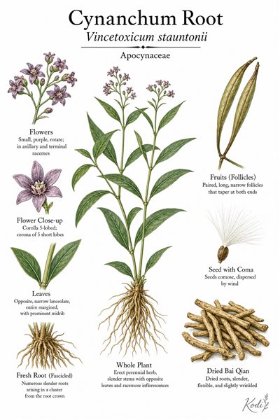 Botanical illustration of Cynanchum Root, Vincetoxicum stauntonii, showing erect herb habit, narrow opposite leaves, flowers, follicles, medicinal roots, and diagnostic plant details.