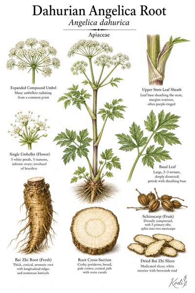 Botanical illustration of Dahurian Angelica Root, Angelica dahurica, showing umbel habit, divided leaves, flowers, root, fruit, and diagnostic plant details.